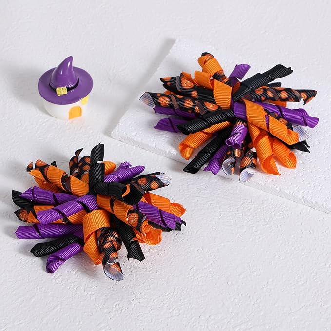 Halloween Pumpkin Korker Hair Bows for Girls,4 Pack Black Orange Purple Curly Ribbon Alligator Clips for Kids Teens Toddler Baby Women Holiday Party Costume Dress Decor Accessory Gift
