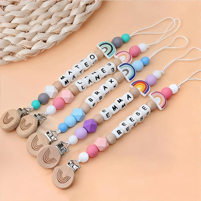 Personalized Pacifier Clip with Name Custom Stroller Clip Silicone Pacifier Chain Holder Clips (Rainbow)