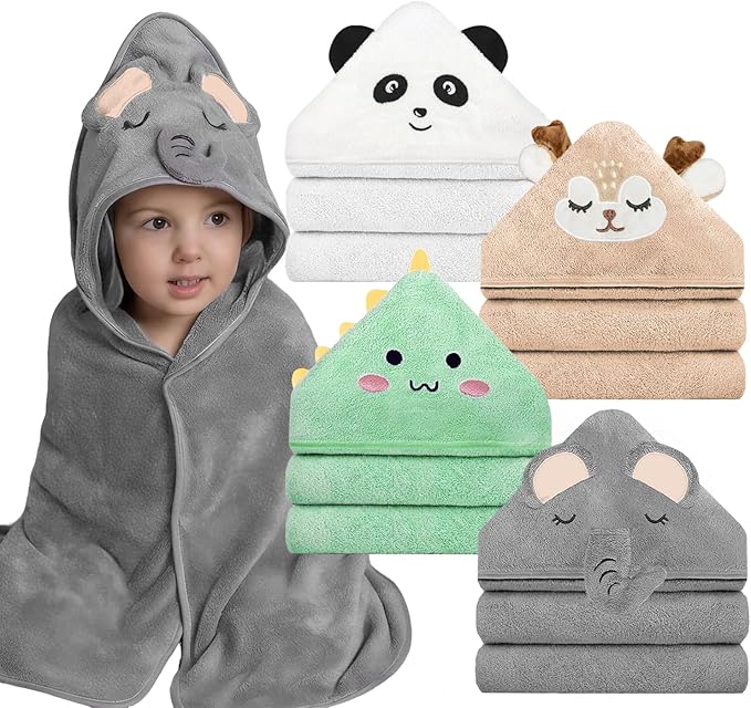 Hooded Baby Towel Set, 32x32 Inch Absorbent Bath Towels, 4 PCS Soft Hooded Towels, Perfect for Newborns, Toddlers, Babies, Essential Baby Bath Accessories (Green + Brown + White + Gray)