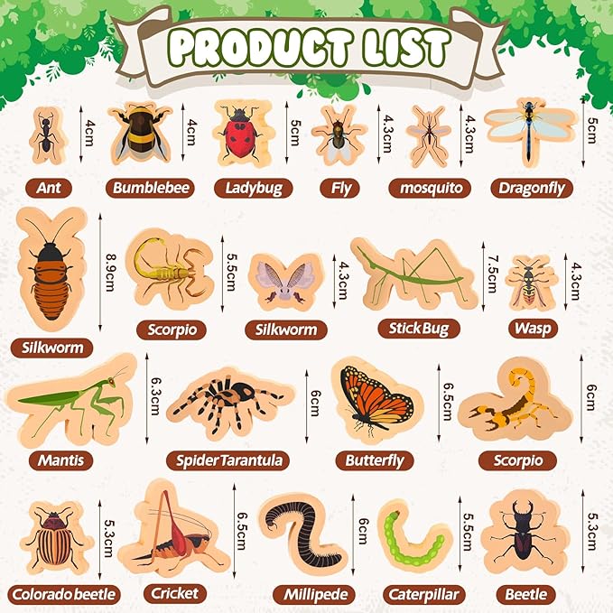 20 PCS Wood Bugs and Insect Block Toys for Kids Wooden Minibeast Blocks Natural Classroom Science Learning Toy Boys and Girls Educational Preschool Learning