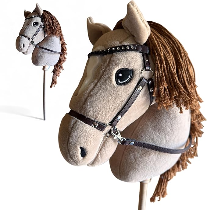 Playful Minds Large Hobby Horse for Kids and Adults – Show Quality with Rhinestone Studded Bridle, Removable Reins, and Long Mane – Plush Handmade Tournament Stick Horse, Palomino