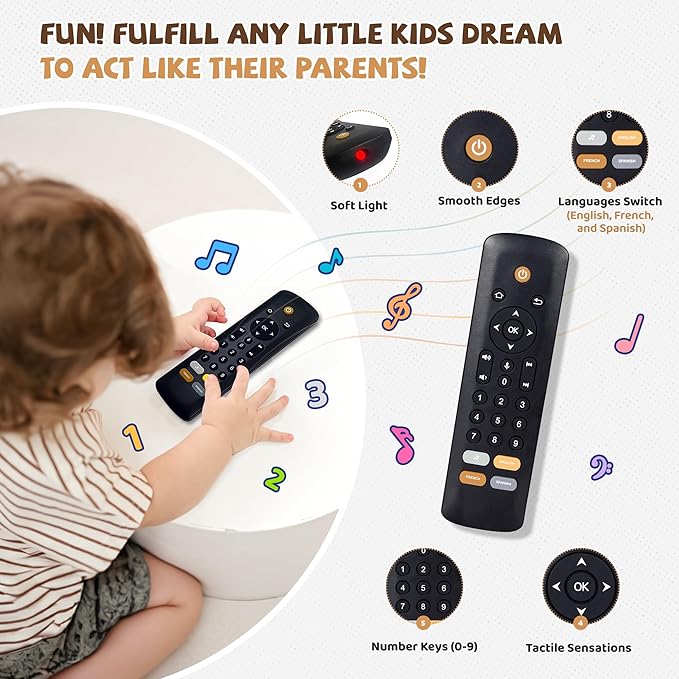Baby TV Remote Toy - Realistic Play Remote toy with Lights and Sounds, 3 Languages (English, Spanish & French), Learning Musical Toys, Preschool Infant Boys Girls Toys Gift for 1 2 Year Old, Black.