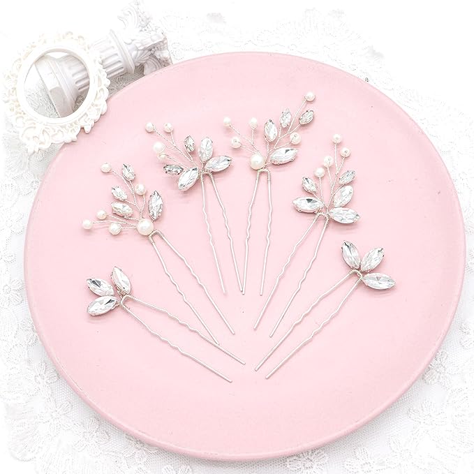 Oriamour Bridal Hair Pins 6 Pcs Rhinestone Wedding Hair Accessories Pearl Crystal Bobby Bridal Hair Clips Jewelry Bridal Hair Accessories for Brides Bridesmaids Flower Women Girls (Silver, 3.5'')