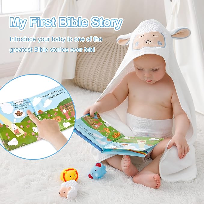 MyMateZoe My First Noahs Ark 7 pcs Baptism Gift Set, Dedication, Christening and Baptism Gifts for Boys and Newborn Baby, Includes Washcloth and Hooded Towel, Baby Bath Book, 3 Bath Toys and Gift Bag