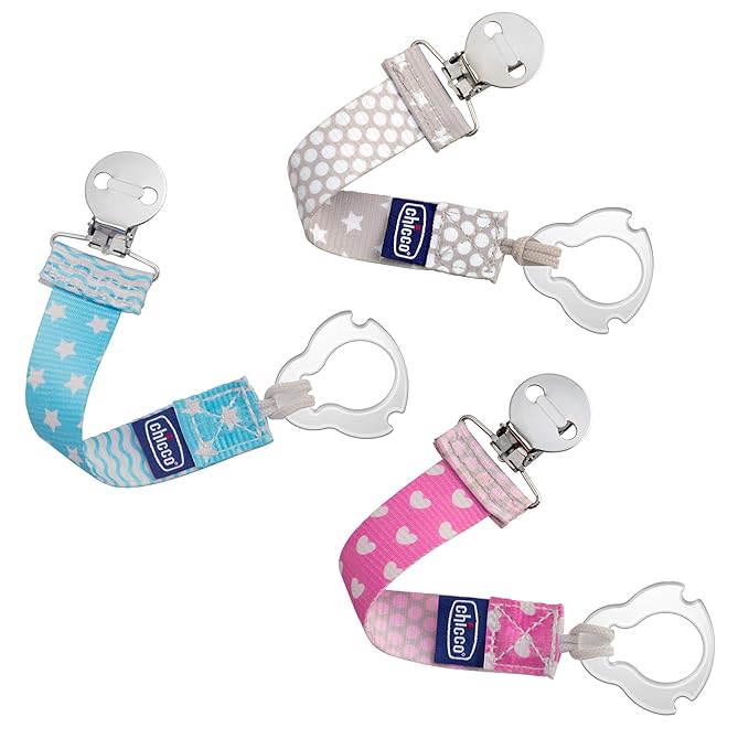Chicco Two-in-One Pacifier Clip with Loop and Ring Attachments | Loop for Teethers and Small Toys | Ring Included for Knob-Style Pacifiers | Secure Clasp is Gentle on Clothing | Pink (Pack of 2)