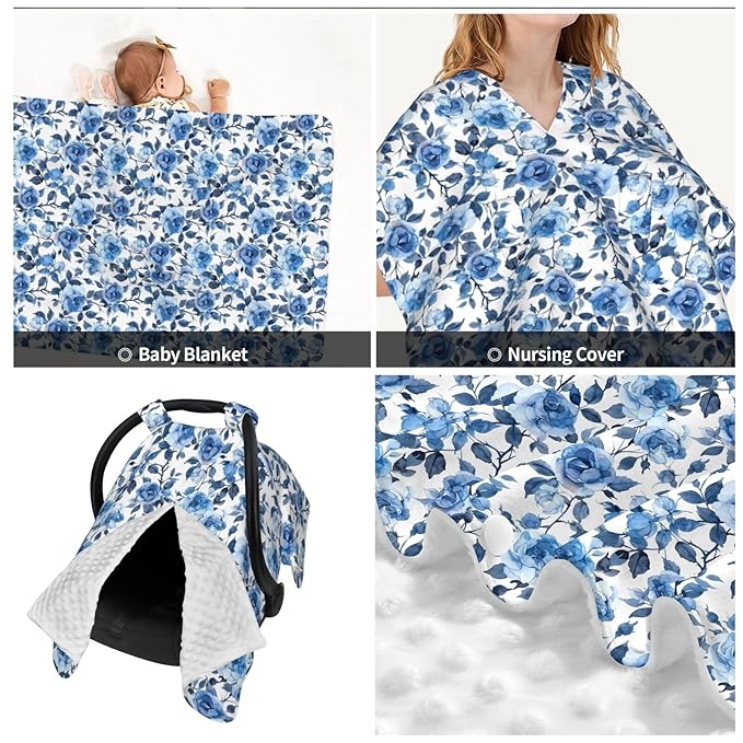Blue Rose Floral Baby Car Seat Canopy Nursing Cover for Newborn Car Seat Breastfeeding Covers Blanket Newborn Shower Gift