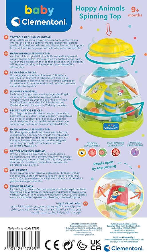 Clementoni Baby Happy Friends Spinning Top Spinning Top for Children with Animals Sensory & Motor Skills Toy for Children from 9-36 Months 17895