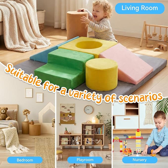 Foam Climbing Blocks for Toddlers with 47"x47'' Crawling Play Mat,7-Piece Soft Play Set for Babies,Kids Climbing Toys Indoor,Crawling,Sliding & Building in Playroom & Daycare,Gray & Multicolor