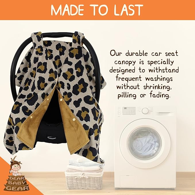 Dear Baby Gear Car Seat Cover for Boys & Girls - Baby Carseat Canopy w/Snap Opening - Infant Seat Cover - Stroller & Nursing Covers - Newborn Carrier Canopy - 40x30" (Gold Leopard Print, Smooth Gold)