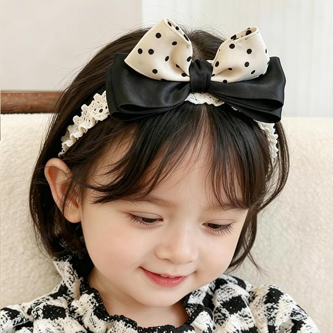 Baby Girls Hairbands Bow Lace Headband Handmade Soft Stretchy Pink Bowknot Hairbands Newborn Hairband with Bows Elastic Hair Bands for Kids Infant(Black and Yellow Dot Bow