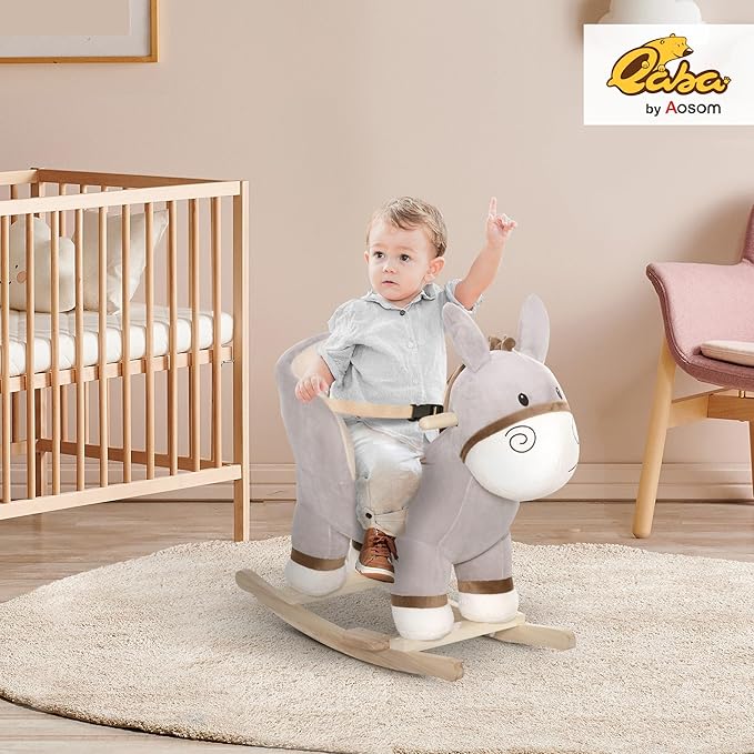 Qaba Kids Rocking Chair, Plush Ride On Rocking Horse Donkey with Sound, Wood Base Seat, Safety Belt, Baby Toddler Rocker Toy for 18-36 Months, Gray