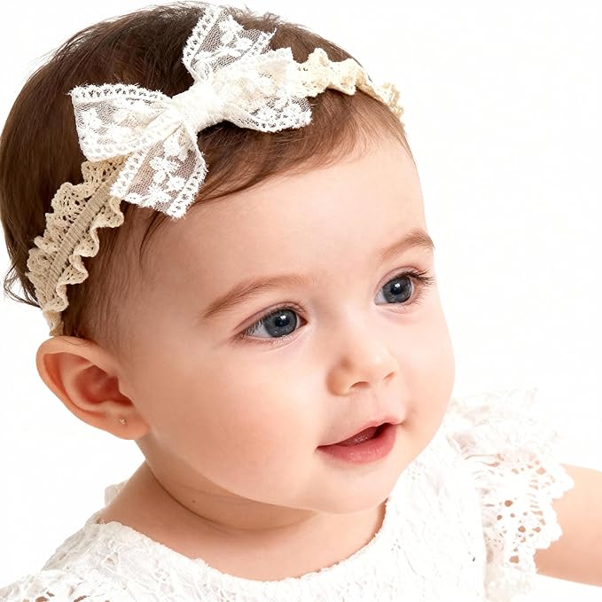 Baby Girls Bow Lace Headband Cute Soft Hairband White Butterfly Knot Headbands for Newborn Infants Toddlers Kids Christening Baptism Birthday Party Hair Accessories（Beige C）