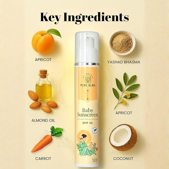 Baby Sunscreen 50 gm | SPF 30 Kids Sunscreen | 100% Mineral & Ayurvedic | Chemical-Free | Outdoor Safe | Sensitive Skin Friendly | Doctors Recommended | 6M to 8 Yrs