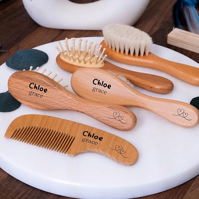 Personalized Wooden Baby Brush and Comb Set | Optional Icons and Fonts | Custom Wooden Baby Brush and Comb Set | Personalized Baby Gifts | Baby Gift Girls, Boy