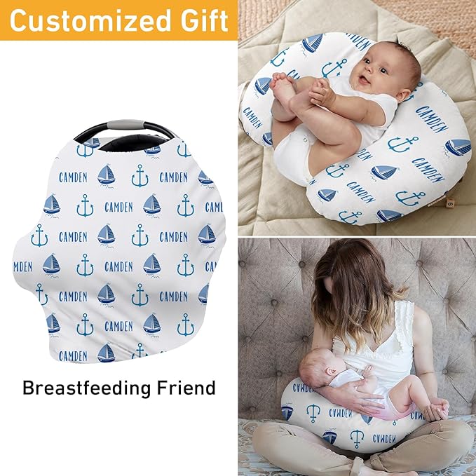 Personalised Infant Car Seat for New Parents - Baby Carseat Cover, Breast Feeding Cover, Blue Sailboat Pattern Multi-Function pad for Boys Girls Toddlers - Christmas Gift for Parent Babies(27"x29")
