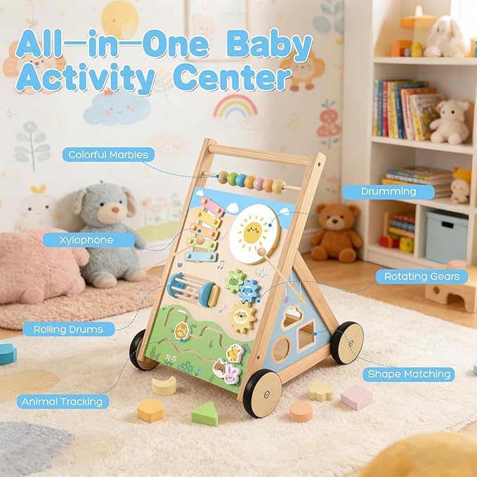 Wooden Baby Walker, Baby Walker with Wheels, Includes Montessori Sensory Toys and Activity Center, 6-18 Months for Boys and Girls
