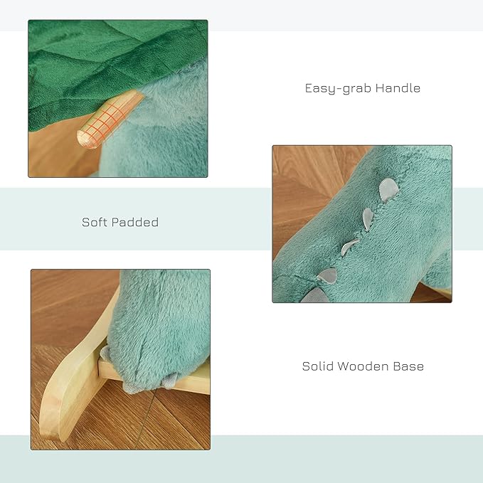 Qaba Kids Plush Ride-On Rocking Horse Triceratops-Shaped Plush Toy Rocker with Realistic Sounds for Child 36-72 Months Dark Green