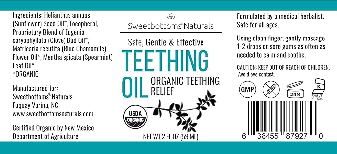 Certified Organic Teething Oil - Ease Teething Discomfort & Sore Gums Quickly & Effectively - Natural Vegan Botanical Ingredients - 2 oz Bottle with Glass Dropper - Baby Teething Relief