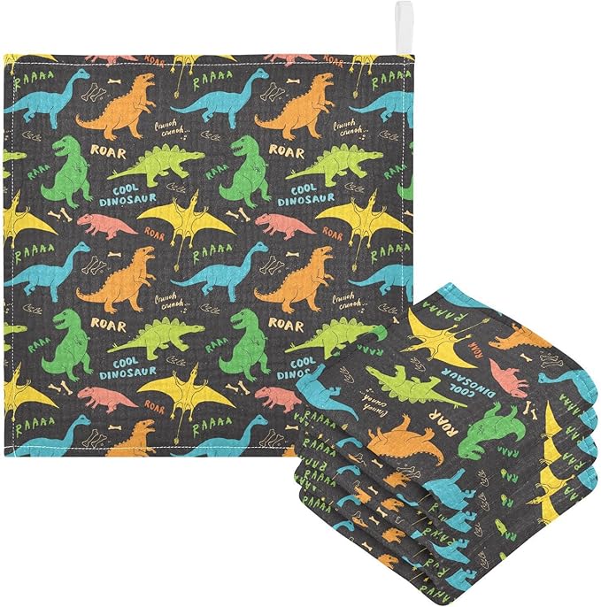 vvfelixl Baby Washcloths Cotton Colored Dino Dinosaurs Baby Muslin Washcloths Soft Baby Face Towel for Newborn Infants, 11.8 X 11.8 Inch, 5 Pack Black