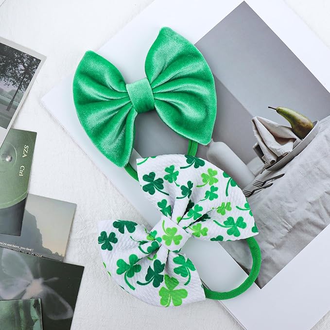 Velvet Baby Headbands 3 Count, Green Shamrock Print, Soft Nylon & Velvet Fabric, One Size Fits All, Hair Accessories for Baby Girls, St. Patrick's Day & Everyday Occasions