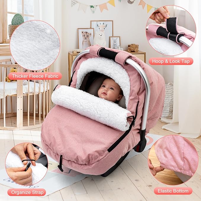 Winter Baby Car Seat Cover, Carseat Cover with Plush Sherpa Fleece Lining, Infant Car Seat Canopy with Peeping Window & Huge Space, Warm & Snug Baby Carrier Cover for Cold Weather