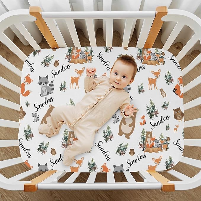 Personalized Pack n Play Sheets for Baby Boys/Girls - Custom Woodland Animal Fitted Sheet - Breathable Material