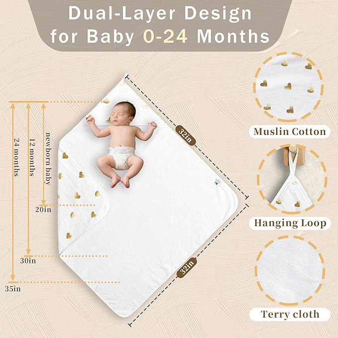 VOOVA & MOVAS 2Pack Neutral Baby Gifts - 100% Muslin Cotton Infant Hooded Beach Bath Towels,2 Layer, Thick, Durability, Absorbent Large for 0-18 Months, Golden Love & Grapheme Love Pattern