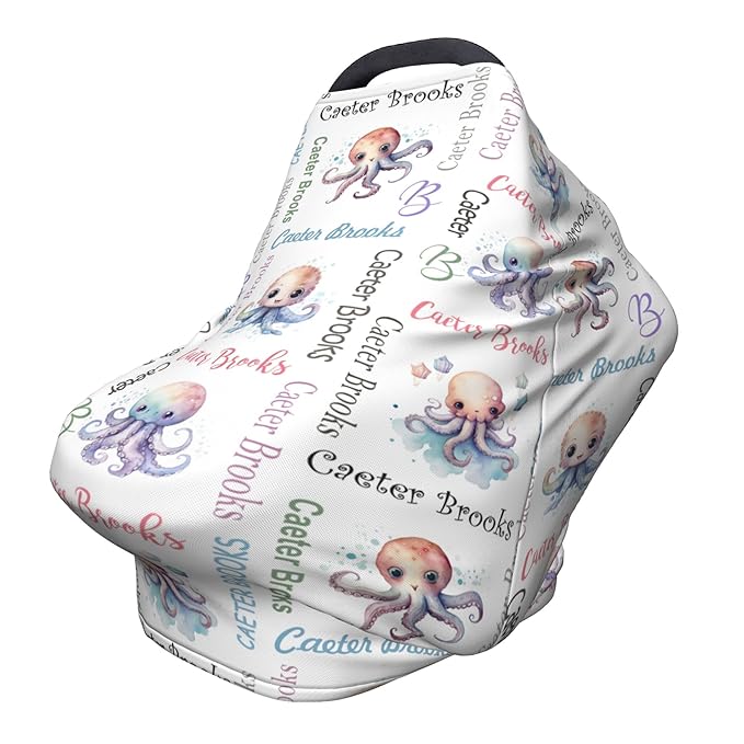 Personalized Baby Car Seat Cover with Name Stroller Canopy Custom Octopus Carseat Cover Newborn Baby Boy Girl Nursing Cover for Moms First Birthday Gift