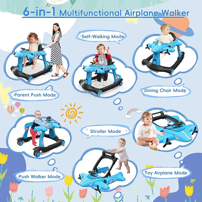 Betterhood 6-in-1 Foldable Baby Walker with Adjustable Height & Speed, Airplane-Themed Activity Push Walker with Music & Lights, Wheels, Anti-Slip Design, Suitable for Boys & Girls Aged 6-18 Months