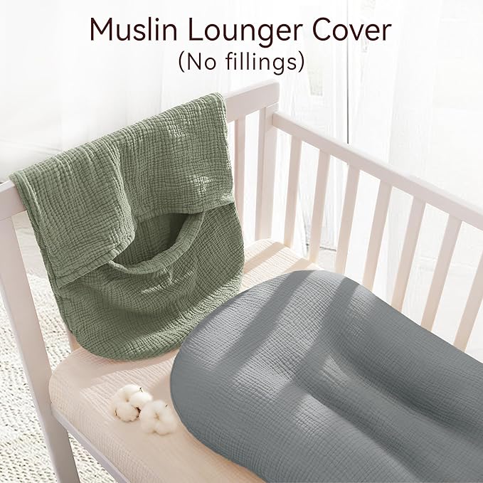 Muslin Baby Lounger Cover 2 Pack, Cotton Soft Breathable Infant Nest Slipcovers, Envelope Closure, Compatible with Snuggle MeLoungers, Machine Washable, Cover Only, for Boys Girls(Gray & Green)