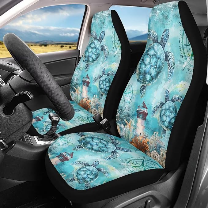 Blue Turtle Car Seat Covers Front Seats Anti-Slip Back Fabric Waterproof Car Seat Cover Easy to Install Stretch Polyester Fabric Cover Universal Fit for Most Vehicle