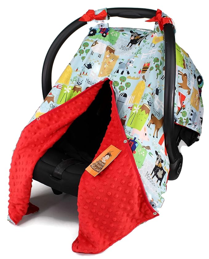 Dear Baby Gear Carseat Canopy with Snap Opening for Girls & Boys - Infant Car Chair Canopies - Nursing Covers -37"x29" (Farm Life Animals and Tractor, Red)