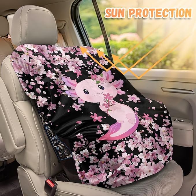 Axolotl Car Seat Cover for Baby Carseat, Cherry Blossom Car Seat Sun Shade Cover, Easy to Install, Sun Protection Reflector UV Ray Helpers