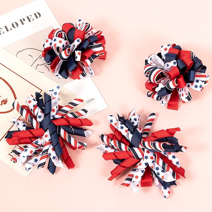 4th of July Korker Hair Bow Clips Girls Patriotic Curly Corker Cheer Pompom Loopy Bow Alligator Barrettes Red White Blue Stars Stripes Ribbon Accessories Kids Xmas Gift