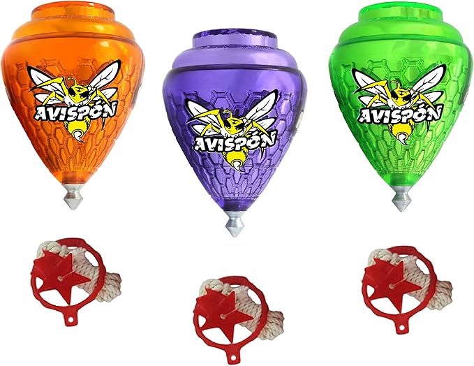 3 Pack Avispon Durable Plastic Spin Tops for Kids Metal Tip Made in Mexico - Trompo Mexicano Avispon Plco Durable & Punta de Metal (Pack of 3 Assorted Colors)