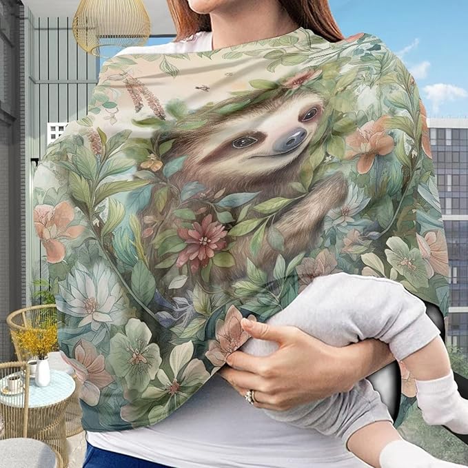 Wanyint Sloth Leaf Retro Baby Car Seat Covers, Carseat Canopy for Babies Boys Girls Multi-Use Nursing Breastfeeding Covers Nursing Scarf, Gift for Mothers