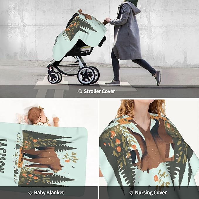 Personalized Winter Carseat Cover for Baby Custom Name Car Seat Canopy for Newborn Baby Boys Girls 2 in 1 Mom Nursing Breastfeeding Covers Bear Minky Baby Carrier Stroller Covers