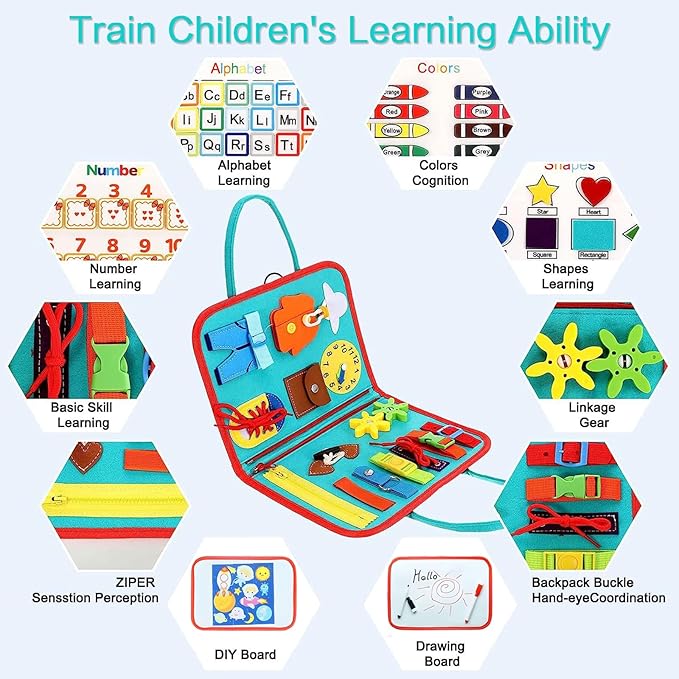 Busy Board for Toddlers 1-3 Sensory Busy Book for 1+ Year Old Boys Girls Montessori Learning Activity Books Birthday Christmas Toddler Gift (Green)