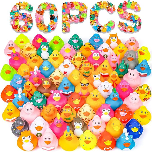 VISRIE 60 Pcs Rubber Ducks in Bulk, Assortment Ducks for Jeeps, Bulk Ducks for Toddler Bath Toys Kids Pool Toys Birthday Gifts Party Favors