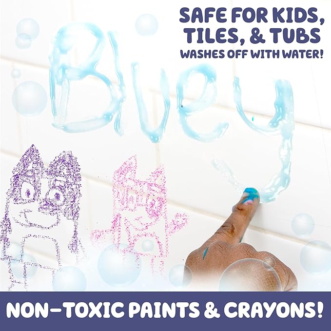 Bluey Bath Creations, 9-Piece Bluey Activity Set, Fun Bluey Bath Toys, Includes Washable Bath Paints, Bath Crayons, Bath Toy Storage, Bath Paint for Toddlers 1-3, Fun Bluey Gifts, Toddler Art Supplies