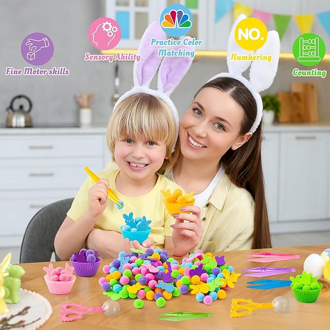 EZdhuawuse Summer Bunny Sensory Bin Fillers - 268Pcs Summer Bunny Fine Motor Toys Color Counting Sorting Set for Kids, Felt Colorful Rabbits Pom Poms Cup Clip for Preschool Education Family Activities