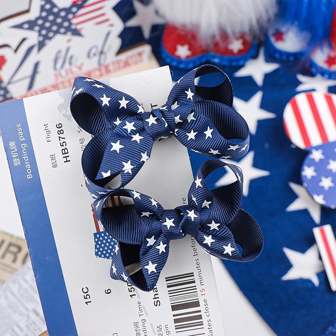 YanJie 2pcs Baby Hair Clips 3‘’ Navy Blue Bow Ribbon American Flag Hair Bows White Stars Clips