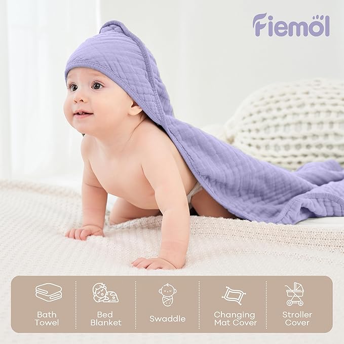 Baby Bath Towels, 100% Muslin Cotton Hooded Baby Towels for Newborn, 2 Pack Baby Towels with Hood for Infant Toddler and Kids, Large 32x32Inch, Soft and Absorbent