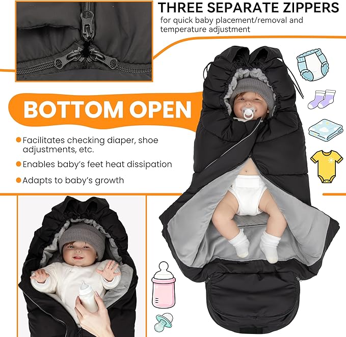 Bemece Warm Bunting Bag, Universal Winter Stroller Cover with Zip, Windproof Stroller footmuff for Baby Buggies Pushchair, Machine Washable