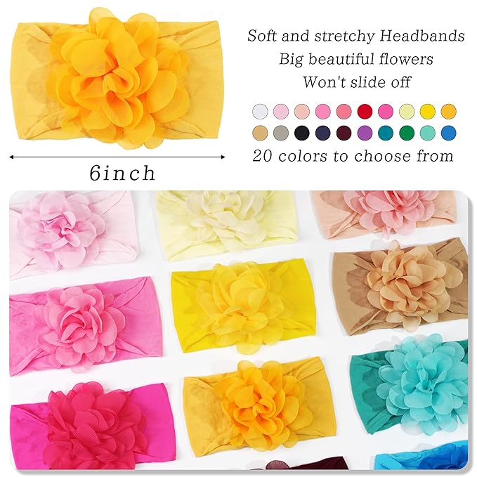 CÉLLOT 20 Colors 4 Inch Chiffon Flower Baby Girls Headbands Soft Elastic Nylon Hairbands for Newborn Infant Toddler Girls Kids