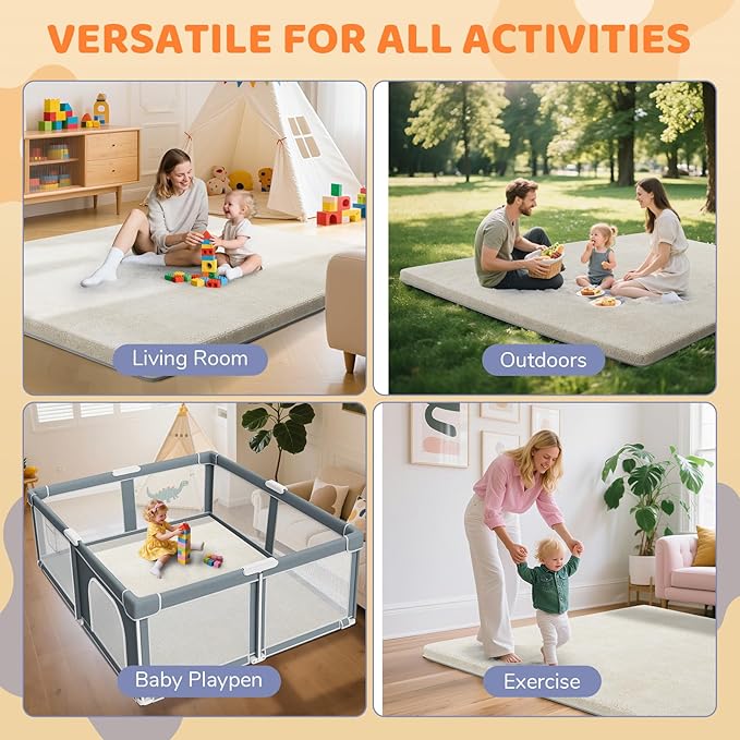 Omzer Baby Play Mat for Floor - 1.3" Thick Foam 71x79 Inch Playpen Mats with Removable & Washable Cover for Tummy Time, Soft Coral Velvet & Non-Slip Crawling Pad for Babies, Toddlers, Infants - Khaki