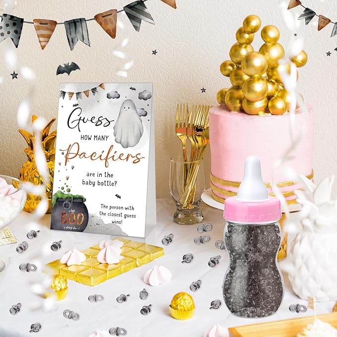 Roowest 512 Pcs Baby Shower Games Guess How Many Pacifiers Sign 100 Small Guessing Games 10 HB Pencils 750ml Milk Bottle 400 Acrylic Pacifiers Decoration for Guest Gender Reveal (Pink,Halloween)