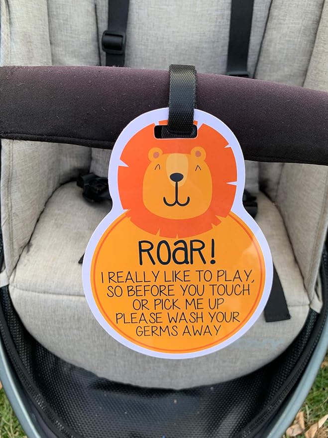 (Three Little Tots) Lion Tags TWO PACK- Baby Safety No Touching Car Seat Sign, Stroller Sign, Newborn Car Seat Tag, Baby Preemie No Touching Car Seat Sign- CPSIA Safety Tested (Lion)