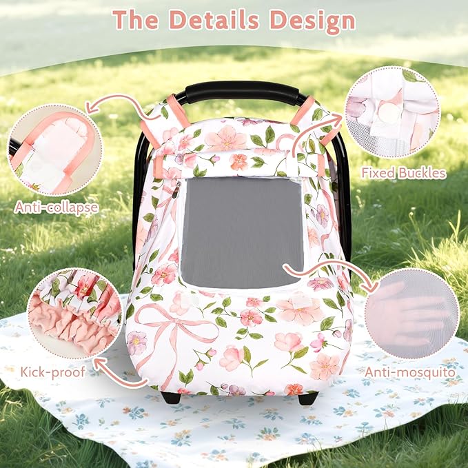 Windproof Baby Car Seat Cover, 3D Mink Dot Infant Car Seat Canopy with Breathable Mesh Window, Baby Carrier Cover for All Seasons, Easy Access Carseat Carrie Snug Fit Stroller, Pink Bow