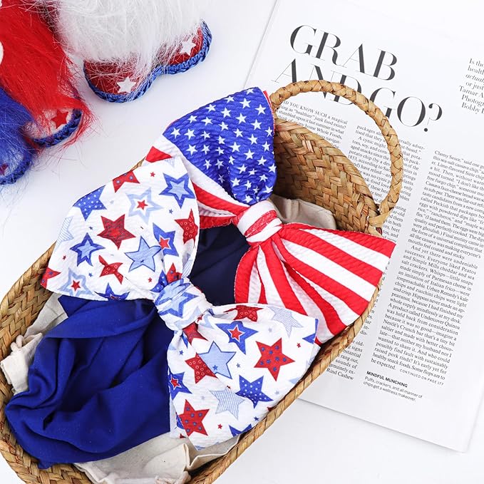 American Flag Headband with Red, White and Blue Patriotic Star Bows - Nylon Hairband for Girls and 4th July Accessories